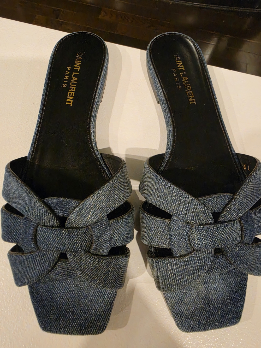 Saint Laurent Tribute Denim Slide Sandals